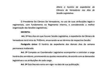 Câmara de Vereadores altera horário de expediente em dias de Sessão Legislativa
