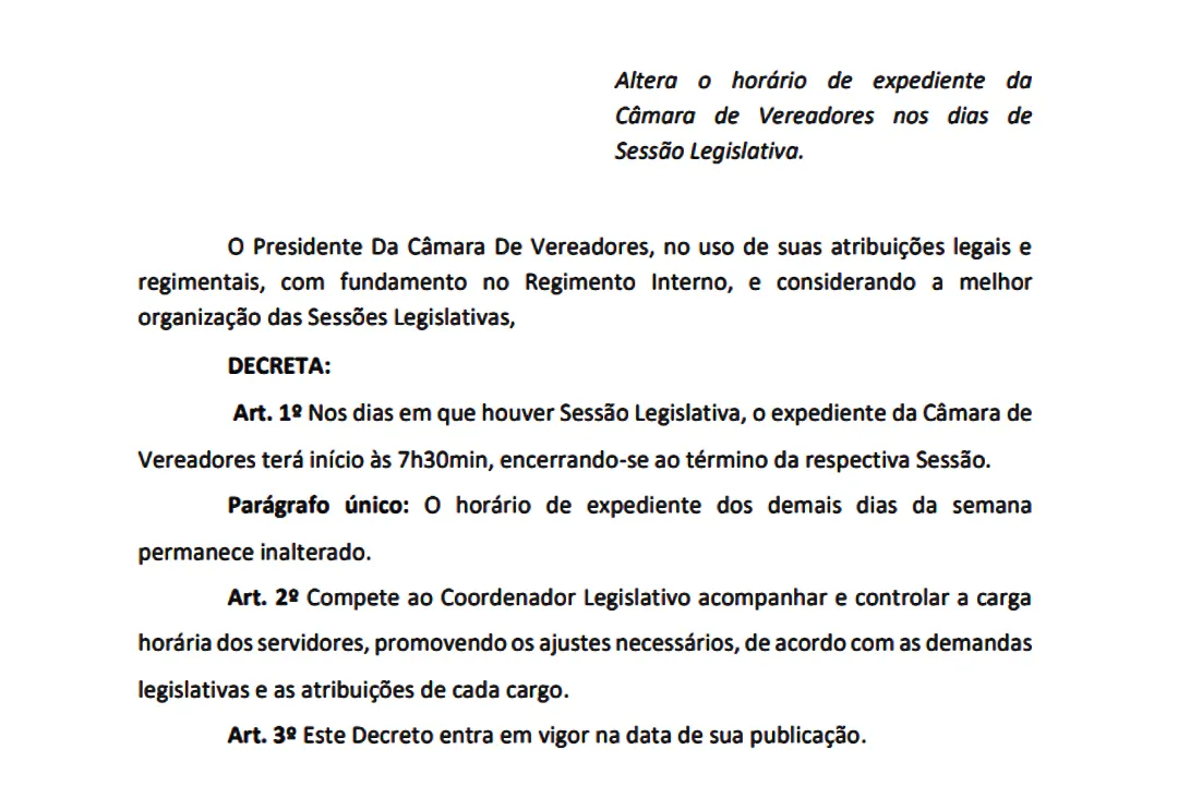 Câmara de Vereadores altera horário de expediente em dias de Sessão Legislativa